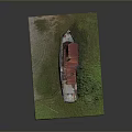 Weathered Abandoned Boat Model With Red Roof On Green Grass Miniature Scene