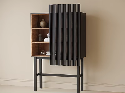 Modern Black Decorative Cabinet With Vertical Slat Design Open Shelves And Metal Legs 3d model