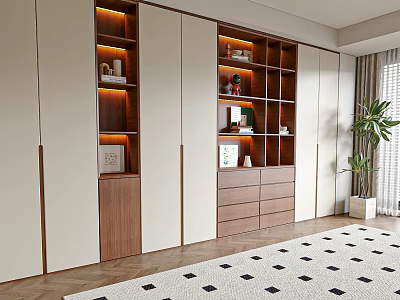 Modern Walnut And White Bookcase With Open Shelves Closed Cabinets Drawer Near Plant On Rug 3d model