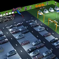 Scenic Garden Landscape with Green Lawn Parking Lot and Cartoon Characters at Car Cinema