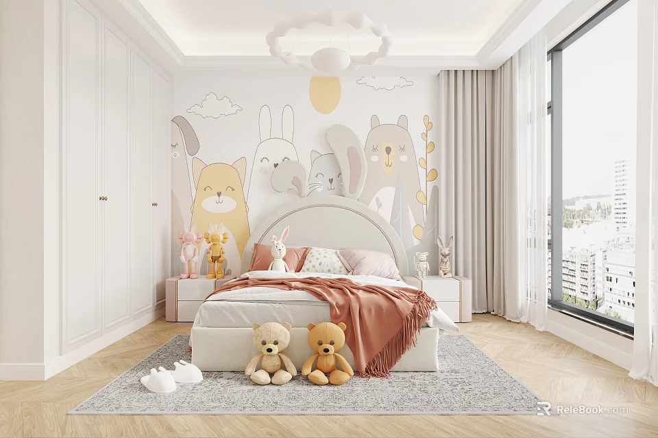 Kids Room Interior With Cartoon Animal Wall Mural White Bed Plush Toys And Window 3d model 