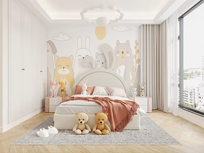 Kids Room Interior With Cartoon Animal Wall Mural White Bed Plush Toys And Window 3d model