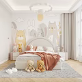 Kids Room Interior With Cartoon Animal Wall Mural White Bed Plush Toys And Window