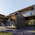 Luxury Modern Detached House With Large Windows Courtyard Trees And Lighting