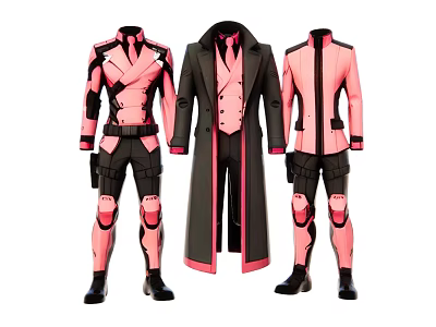 Pink and Black Fitted Outfits with Long Coat Vest and Tie Design 3d model