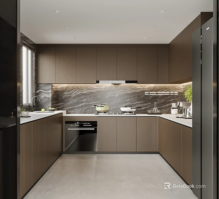 Modern Kitchen Interior Design With Dark Brown Cabinets And Marble Backsplash Counter 3d model 