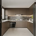 Modern Kitchen Interior Design With Dark Brown Cabinets And Marble Backsplash Counter