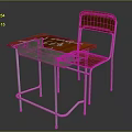 Wooden Desk and Chair Set with Graffiti Artwork and Metal Legs