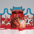 Traditional Chinese Lion Dance Scene With Red Carpet And City Gate Decorations
