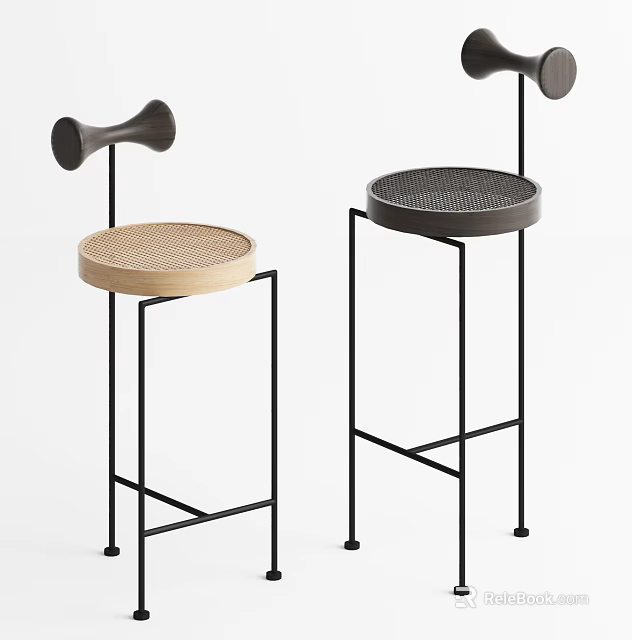 Modern Minimalist Bar Stools With Black Metal Frame Round Wooden Woven Seats 3d model 