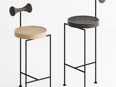 Modern Minimalist Bar Stools With Black Metal Frame Round Wooden Woven Seats 3d model