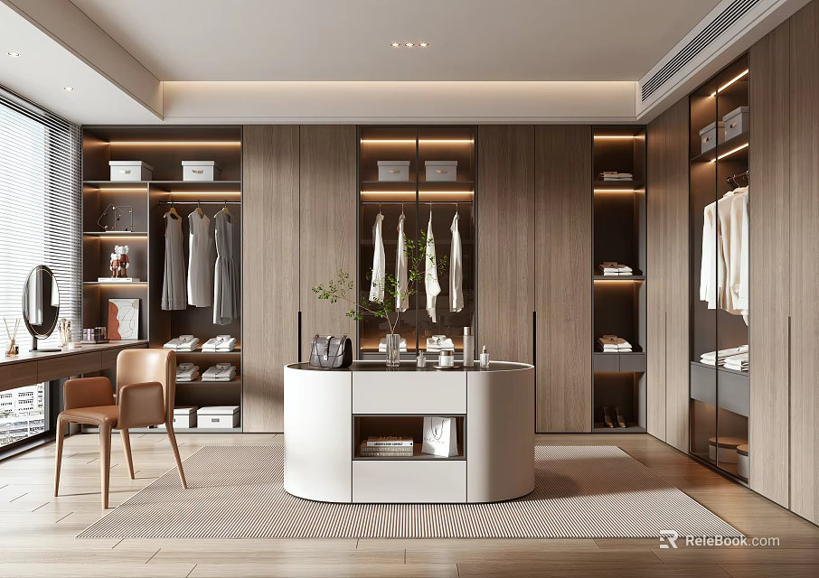Modern Walk-in Closet Interior With Wooden Cabinets Circular Island And Hanging Clothes 3d model 