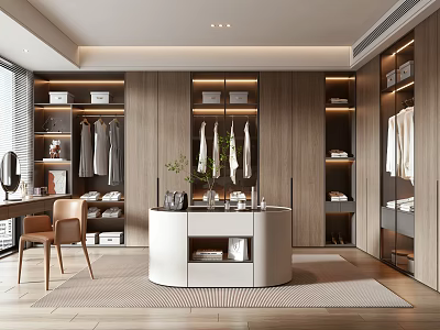 Modern Walk-in Closet Interior With Wooden Cabinets Circular Island And Hanging Clothes 3d model
