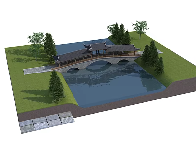 Traditional Chinese Arch Bridge With Black Tile Roof Over Pond Green Grass And Trees 3d model