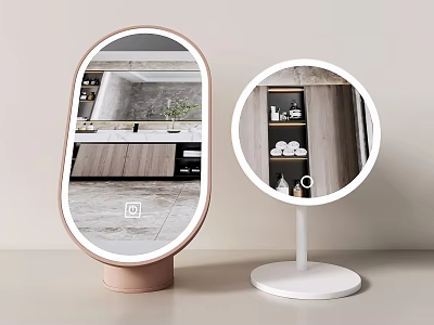 Oval and Round Mirrors with Pink and White Bases Reflecting Bathroom Cabinet and Towels 3d model
