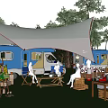 Camping Site With Camper Van White Canopy Green Grass And Outdoor Relaxing Area