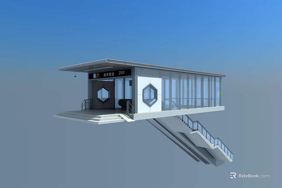 Modern Station With Transparent Glass Facade White Roof And Staircase Structure 3d model 