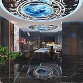 Stylish Elevator Hallway Featuring Fish Pattern Walls Marble Floor Linear Lighting And Artwork 3d model