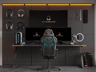 Alienware Gaming Setup Featuring Dual Monitors Gaming Chair Headphones Computer Tower And RGB Lighting 3d model