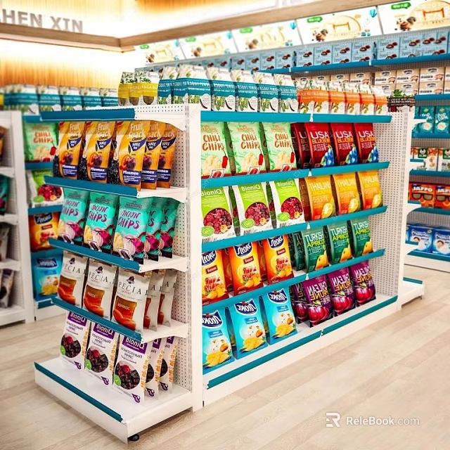 Retail Display Shelves With Colorful Packaged Food Products Neatly Arranged In Store 3d model 
