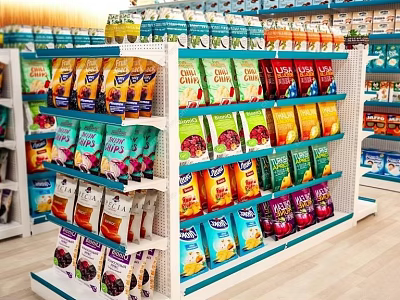 Retail Display Shelves With Colorful Packaged Food Products Neatly Arranged In Store 3d model