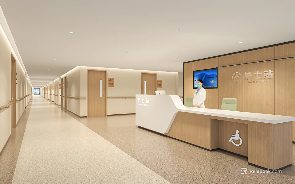 Modern Hospital Outpatient Clinic Nurse Station with Medical Staff Wooden Reception and Accessible Corridor 3d model 