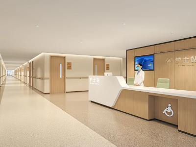 Modern Hospital Outpatient Clinic Nurse Station with Medical Staff Wooden Reception and Accessible Corridor 3d model