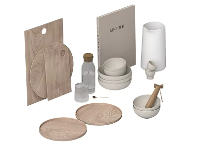 Kitchen Utensils Set With Wooden Boards Glassware Bowls And Mortar 3d model