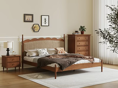 Wooden Double Bed With Woven Headboard Nightstand Dresser And Wall Art 3d model
