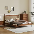 Wooden Double Bed With Woven Headboard Nightstand Dresser And Wall Art
