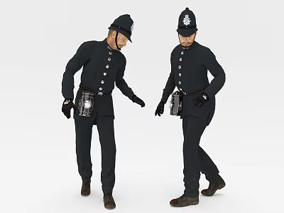 Two Men Wearing Traditional Police Uniforms With Hats And Equipment Standing 3d model