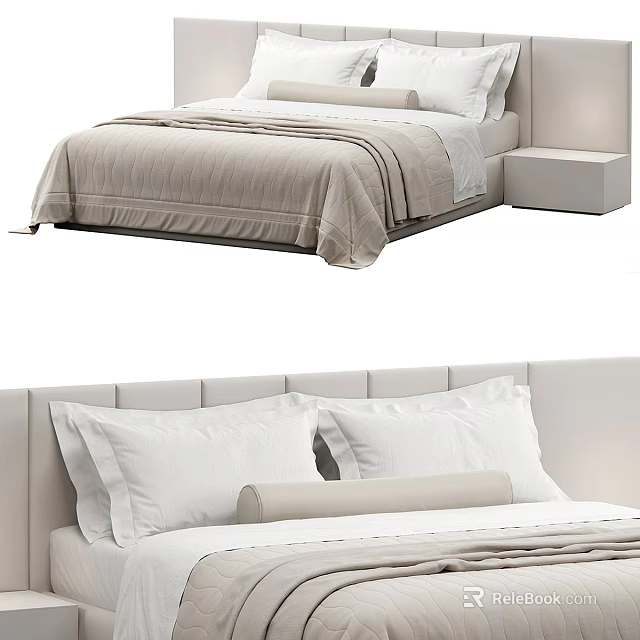 Modern Double Bed Interior Design With Upholstered Headboard White Pillows And Beige Bedspread 3d model 
