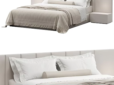 Modern Double Bed Interior Design With Upholstered Headboard White Pillows And Beige Bedspread 3d model