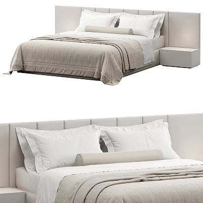 Modern Double Bed Interior Design With Upholstered Headboard White Pillows And Beige Bedspread 3d model