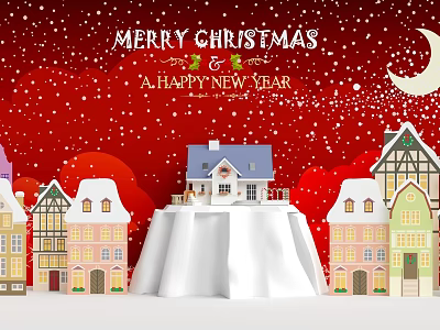Festive Christmas and New Year Scene with Snowflakes Colorful Houses Moon and Red Background 3d model