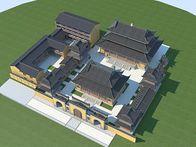 Historic Chinese Ancient Building Complex Featuring Curved Roofs Yellow Walls And Courtyard 3d model