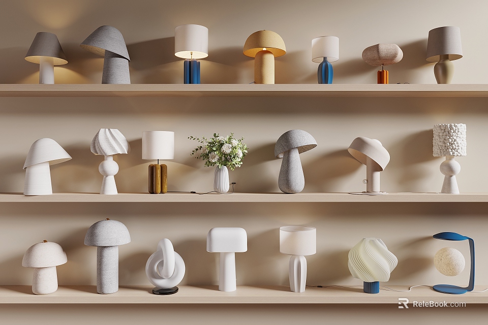 Decorative Table Lamps With Various Designs And Shapes On Display Shelves 3d model 