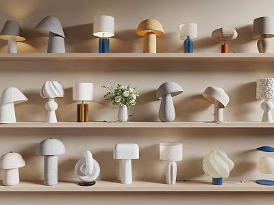 Decorative Table Lamps With Various Designs And Shapes On Display Shelves 3d model