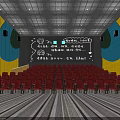 Modern Cinema Interior With Red Seats Yellow Blue Walls And Black Ceiling