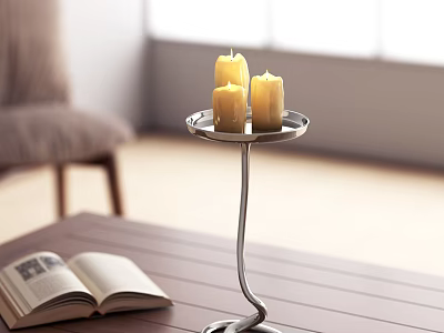 Candle Lamp With Three Lit Candles On Wooden Table Near Open Book In Cozy Setting 3d model