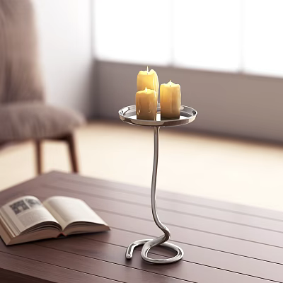 Candle Lamp With Three Lit Candles On Wooden Table Near Open Book In Cozy Setting 3d model