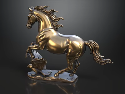 Golden Bronze Horse Sculpture Rearing With Eagle On Decorative Base 3d model