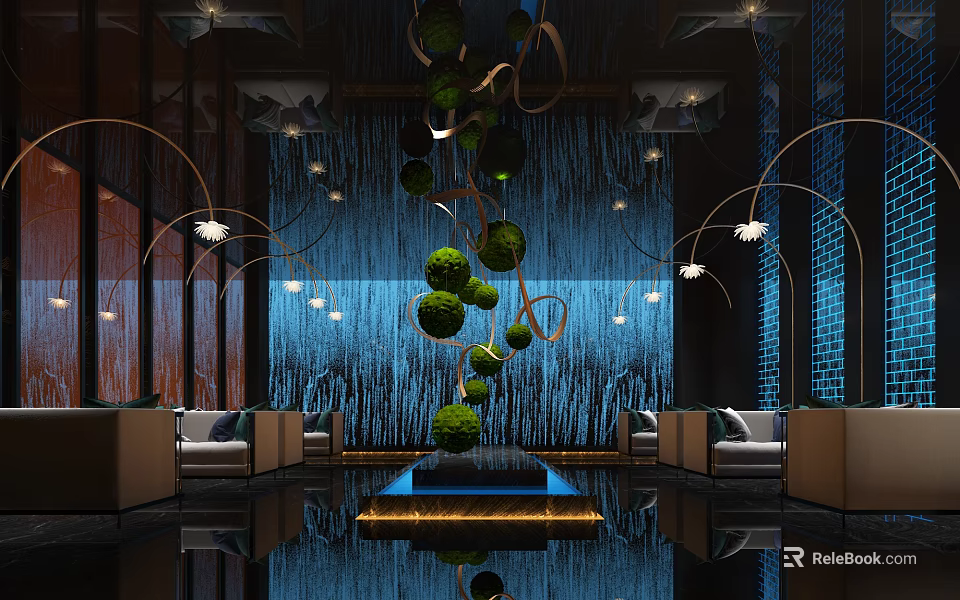 Luxury Shop Front Desk Design With Modern Chandelier Sofa And Waterfall Wall 3d model 