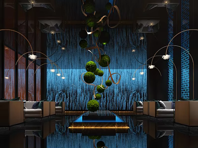 Luxury Shop Front Desk Design With Modern Chandelier Sofa And Waterfall Wall 3d model