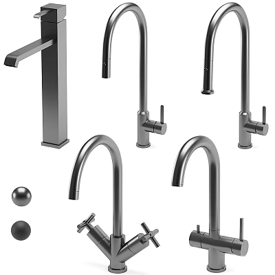 Multiple Modern Faucets With Different Spout Designs And Stainless Steel Construction 3d model