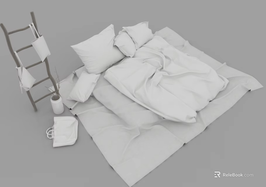 Double Bed with White Sheets Comforter Beside Ladder Shelf Hanging White Cloths Vase and Bag 3d model 