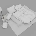 Double Bed with White Sheets Comforter Beside Ladder Shelf Hanging White Cloths Vase and Bag