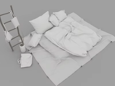 Double Bed with White Sheets Comforter Beside Ladder Shelf Hanging White Cloths Vase and Bag 3d model