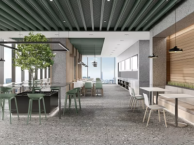 Modern Tea Room Interior Design With Green Plants Tables And Lighting 3d model