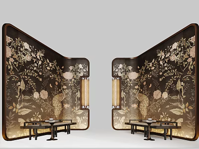 Oriental Screen With Traditional Floral Patterns Dark Background Gold Accents Living Room Interior 3d model